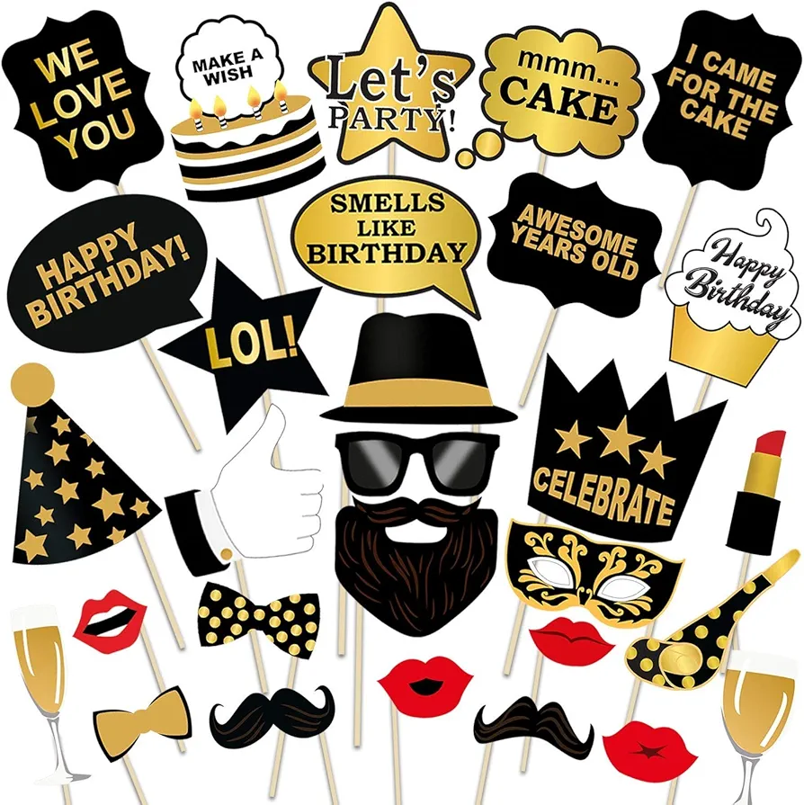 Party Propz Birthday Photo Booth Props - 29pcs Set with Funny Crown, Fun Mask, Hats, Beard, Happy Face, Mustache | Birthday Props | Party Props | Party Props Props for Adults